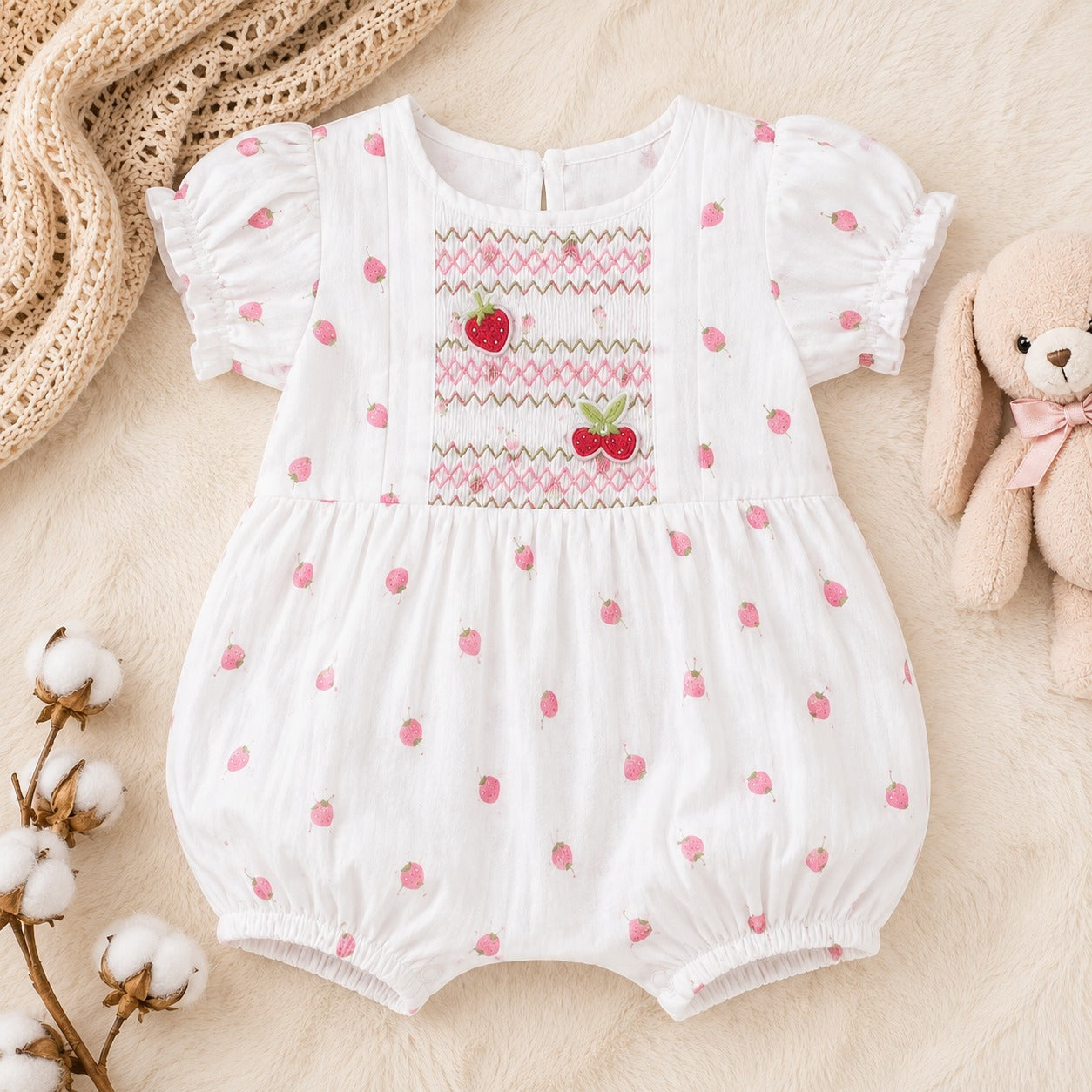 Toffy House baby girl white strawberry romper with puff sleeves and strawberry cherry embroidery