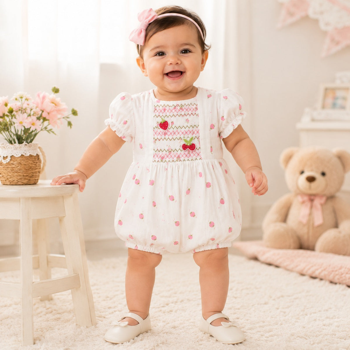 Baby girl wearing Toffy House strawberry print white romper with cute embroidered detailing