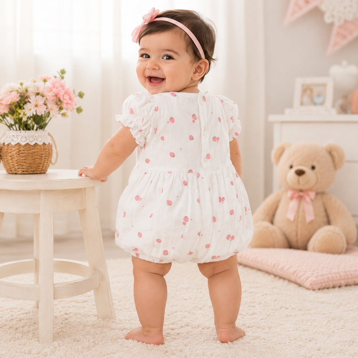 Toffy House white strawberry print baby girl romper back view with puff sleeves