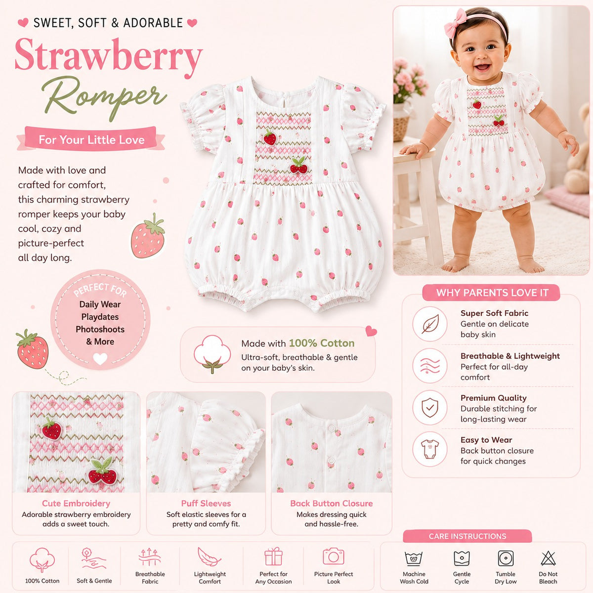 Toffy House strawberry print baby girl romper with puff sleeves and embroidery for newborn to 9 months