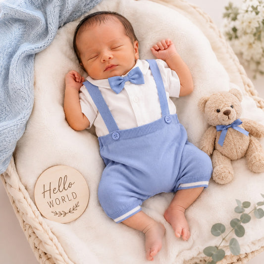 Newborn baby boy wearing Toffy House blue bow tie romper set with white collared shirt