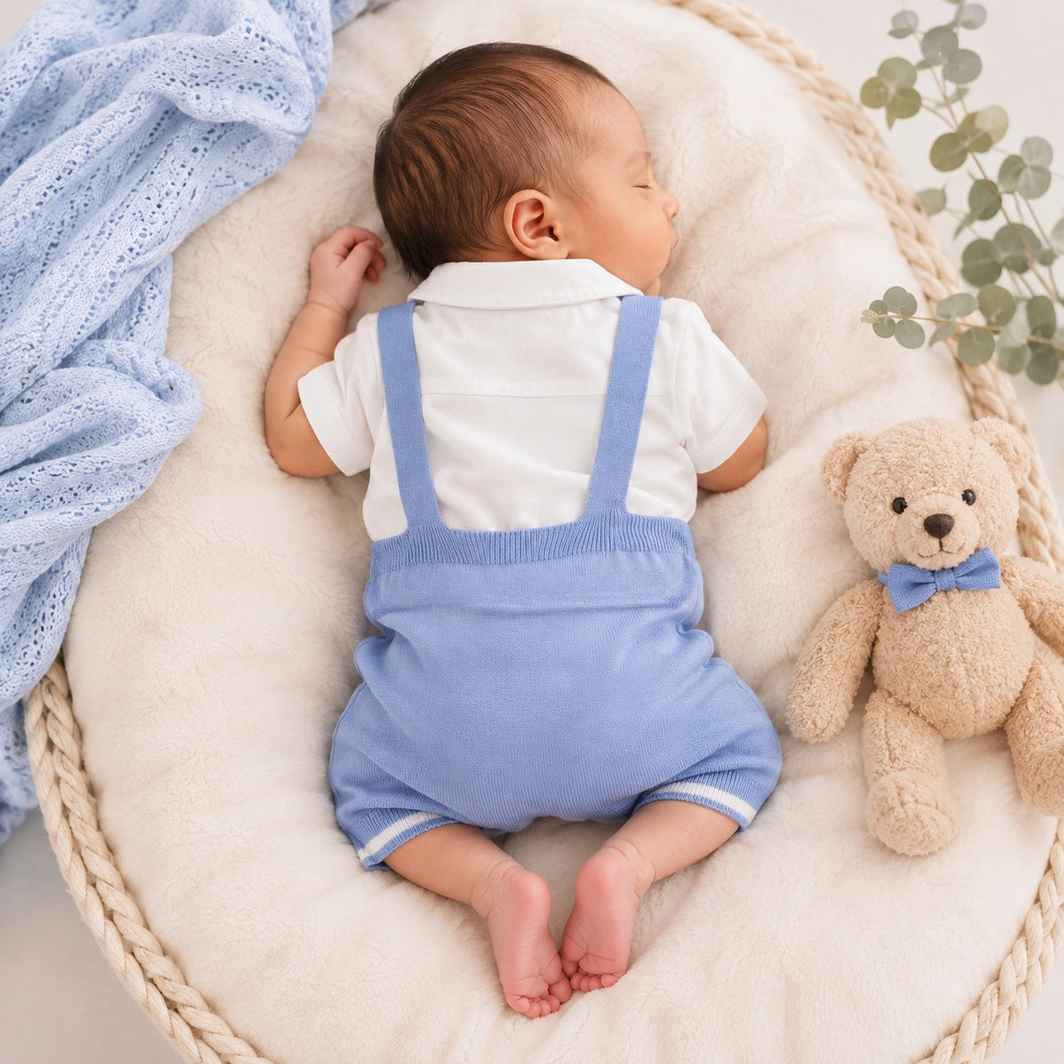 Toffy House baby boy wearing blue knitted suspender romper set back view