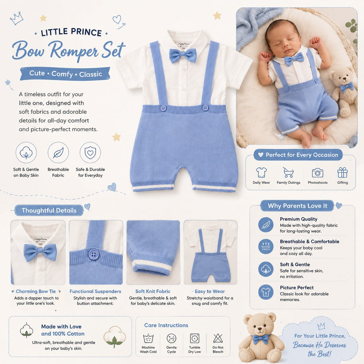 Toffy House Little Prince baby blue bow romper set for newborn to 9 months with knitted suspenders and bow tie