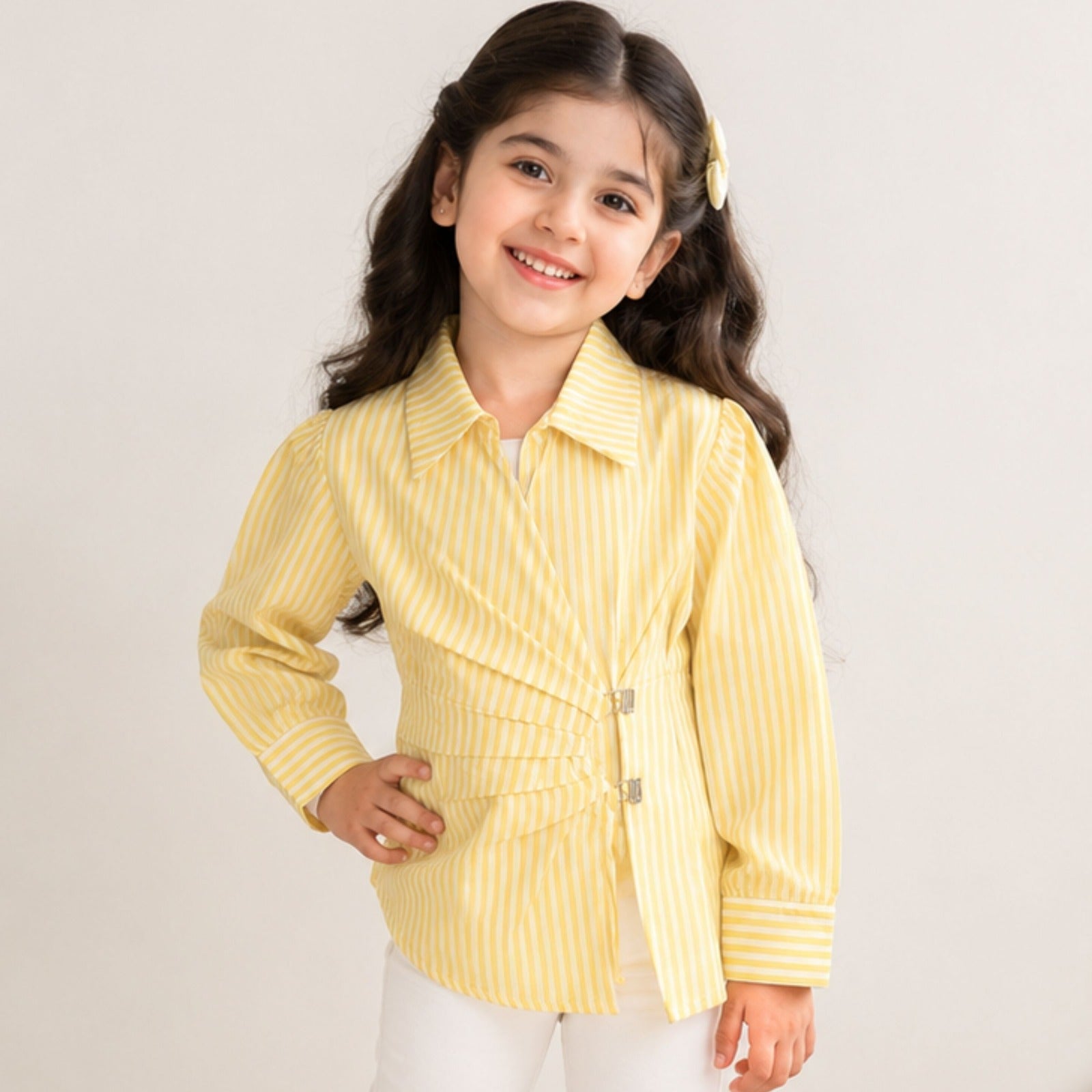 Smile Baby girls lemon striped shirt front view with lapel collar and buckle detail