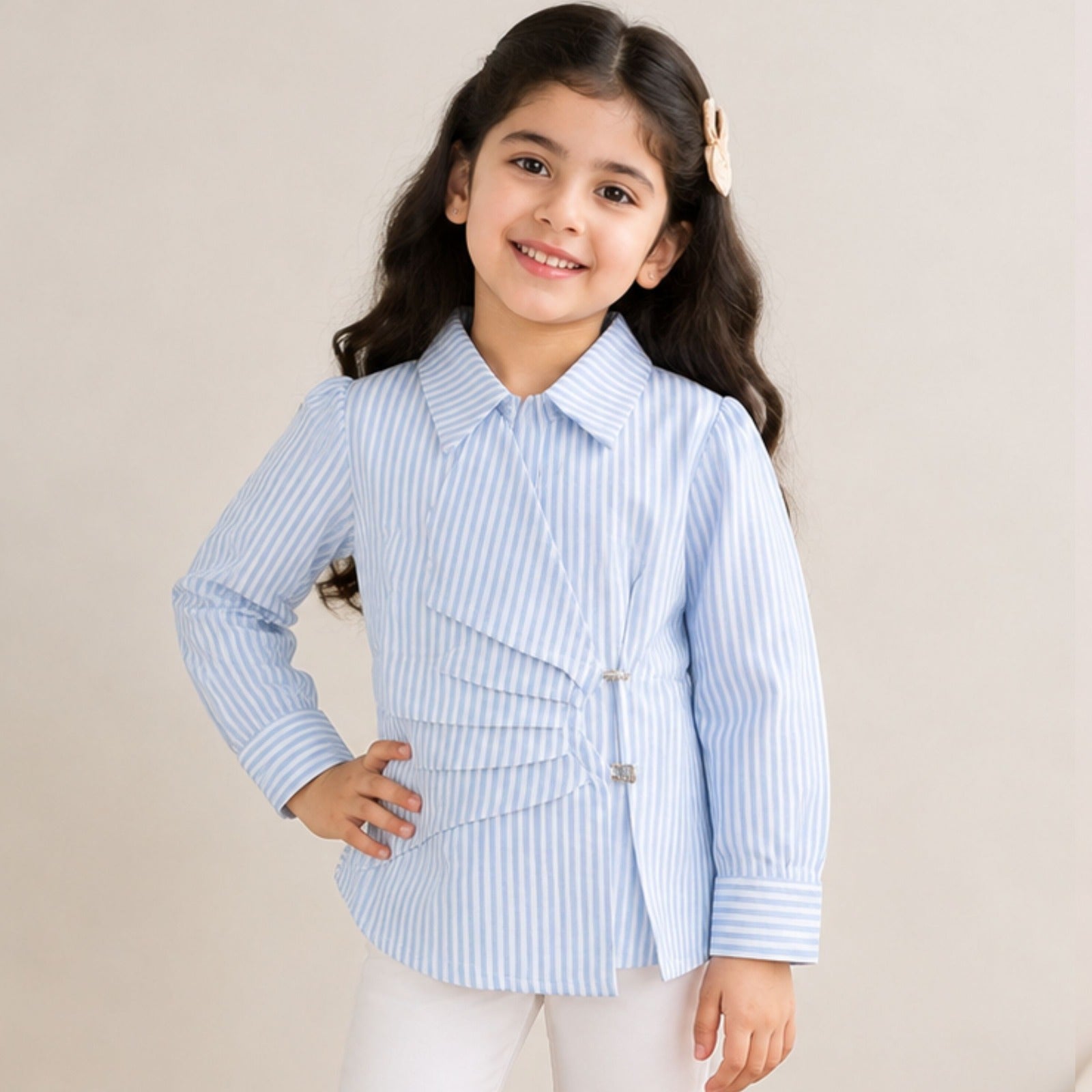 Smile Baby girls blue striped shirt front view with full sleeves and stylish buckle detail