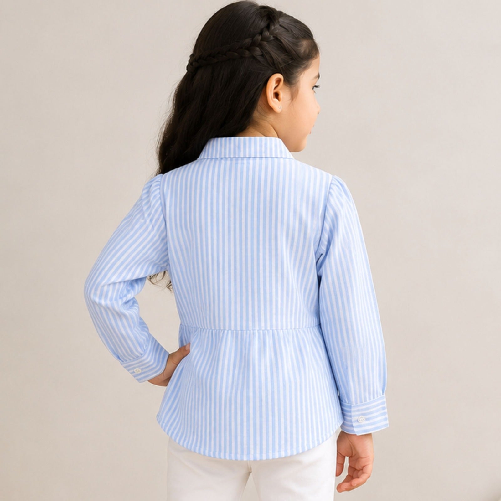Smile Baby girls blue striped full sleeve shirt back view with lapel collar
