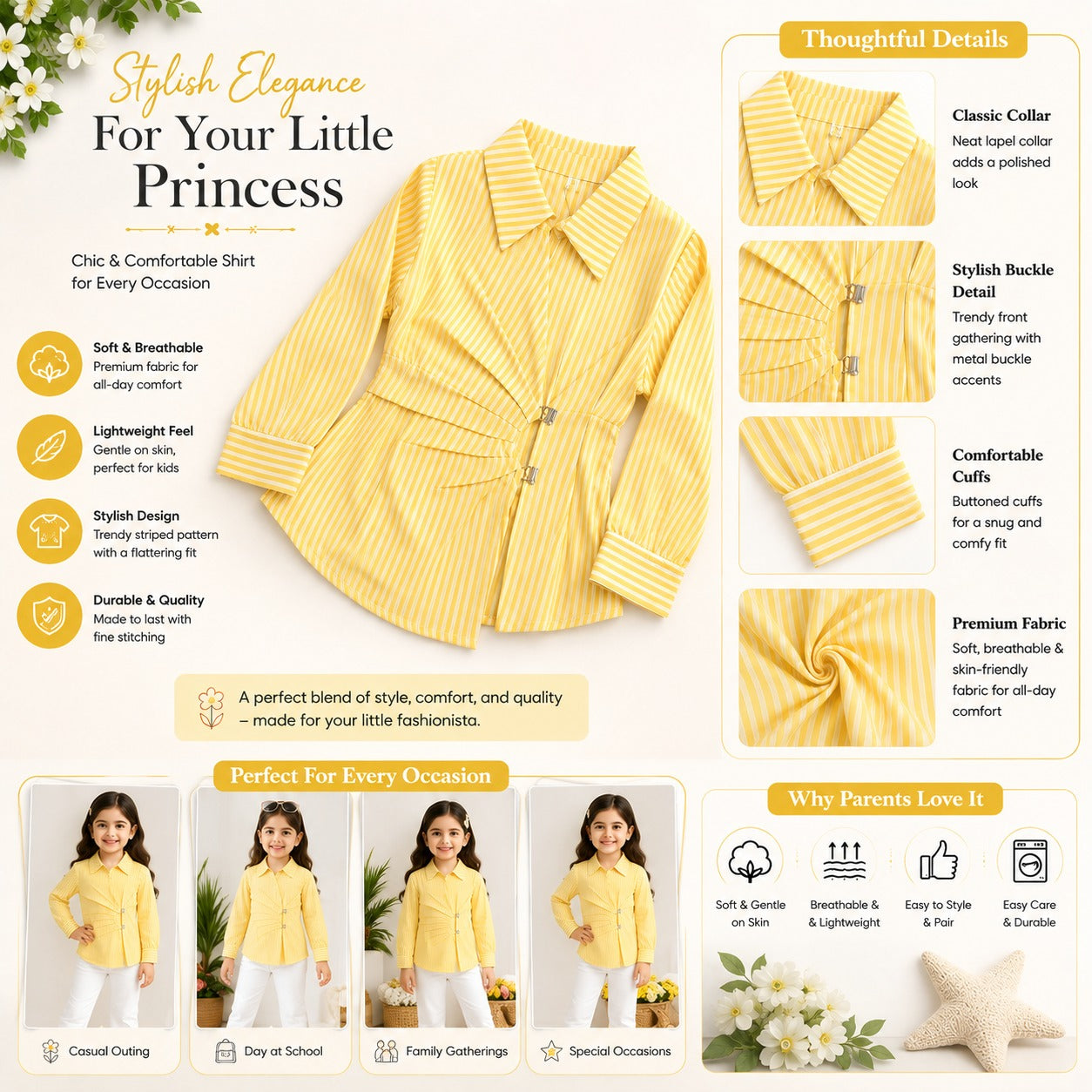 Smile Baby girls striped full sleeve shirt in lemon with lapel collar and buckle detail