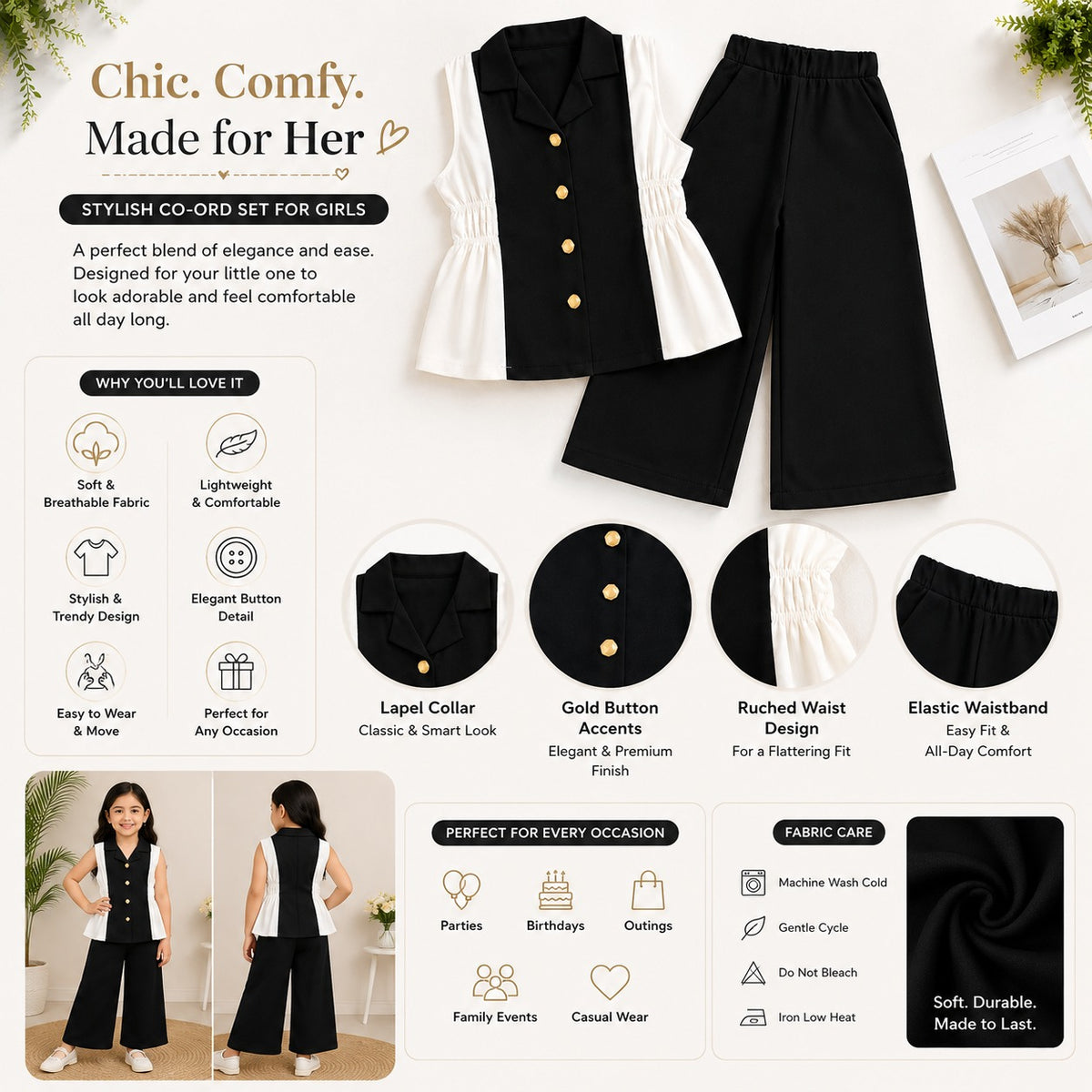 Smile Baby girls black co ord set with lapel collar top gold buttons and wide leg pants