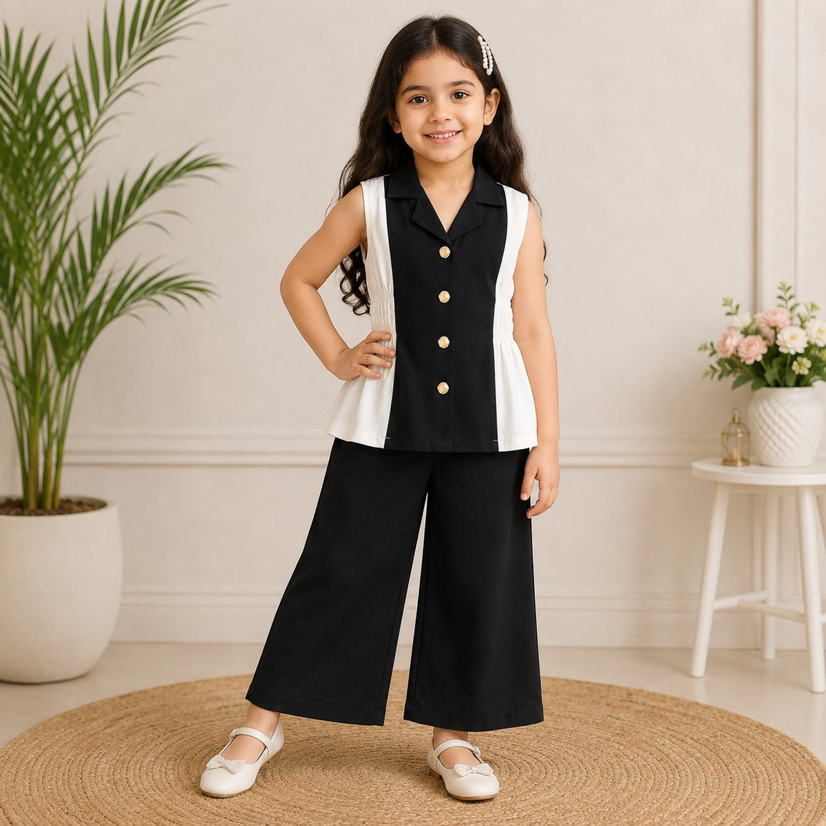 Smile Baby girls black and white co ord outfit with lapel collar gold buttons and wide leg trousers
