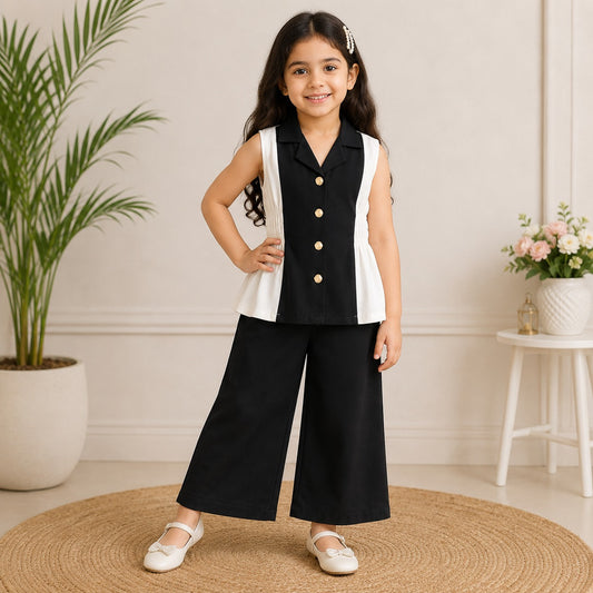 Smile Baby girls black and white co ord outfit with lapel collar gold buttons and wide leg trousers
