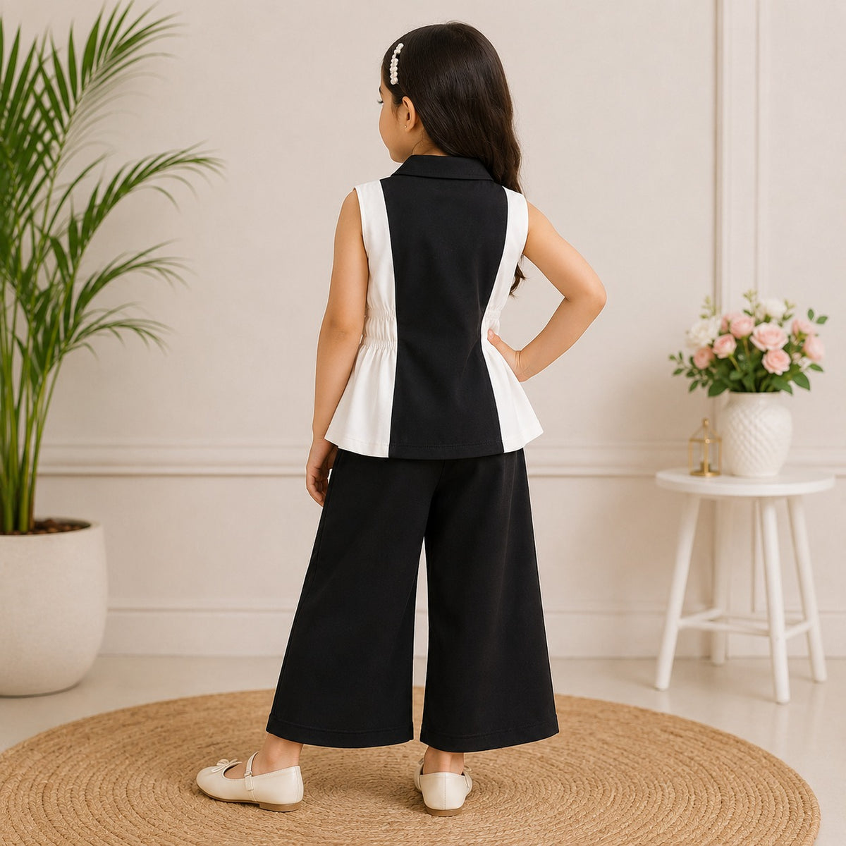 Smile Baby girls black co ord set back view with sleeveless top and wide leg pants