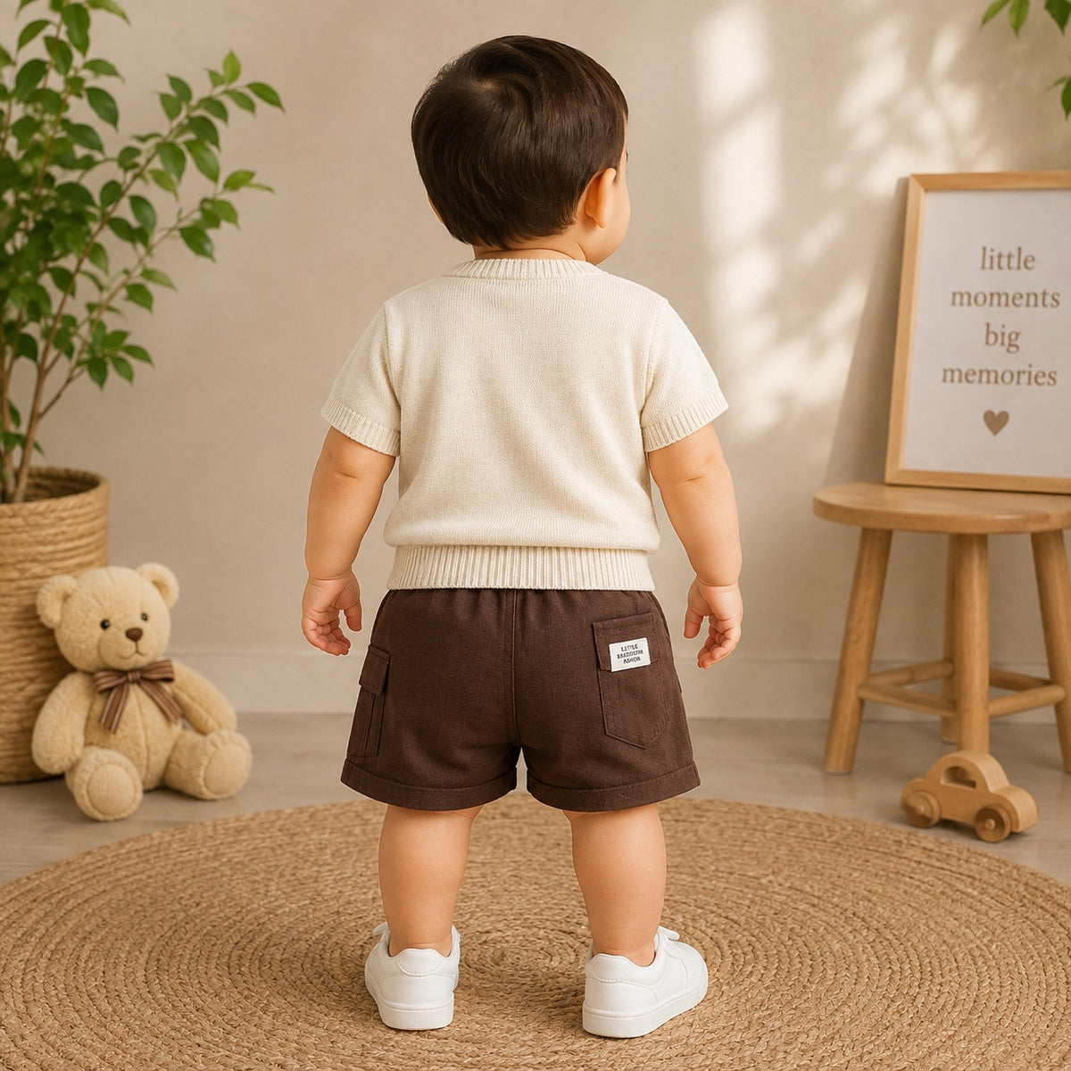 Toffy House baby boy wearing white knitted T-shirt and brown shorts back view