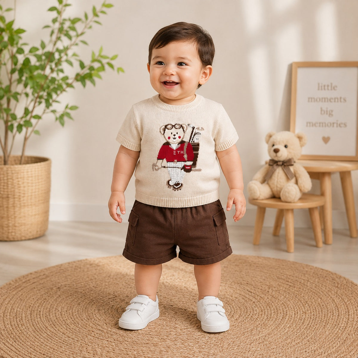 Toffy House baby boy wearing white bear print T-shirt and brown shorts outfit