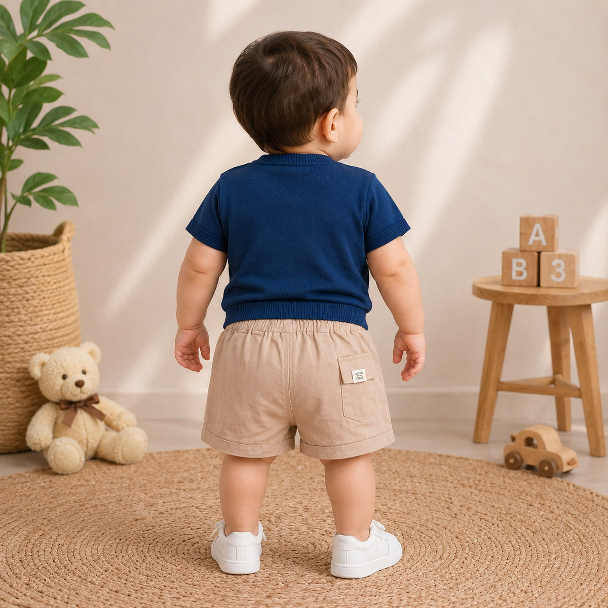 Toffy House baby boy wearing navy blue T-shirt and beige shorts set back view