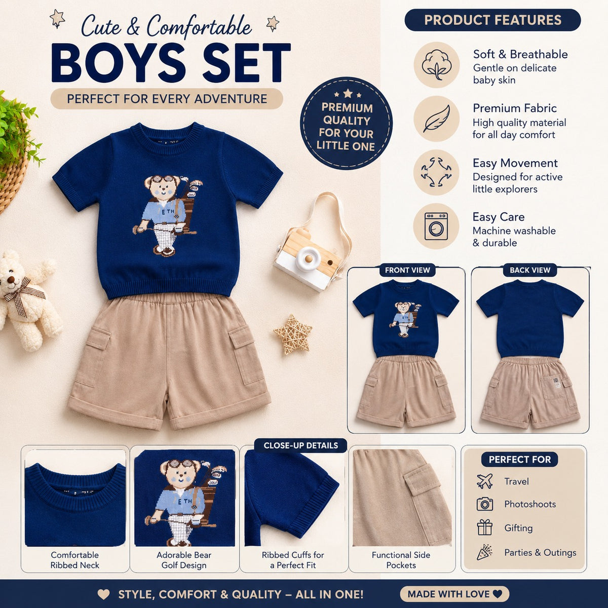Toffy House boys clothing set with bear design T-shirt and shorts