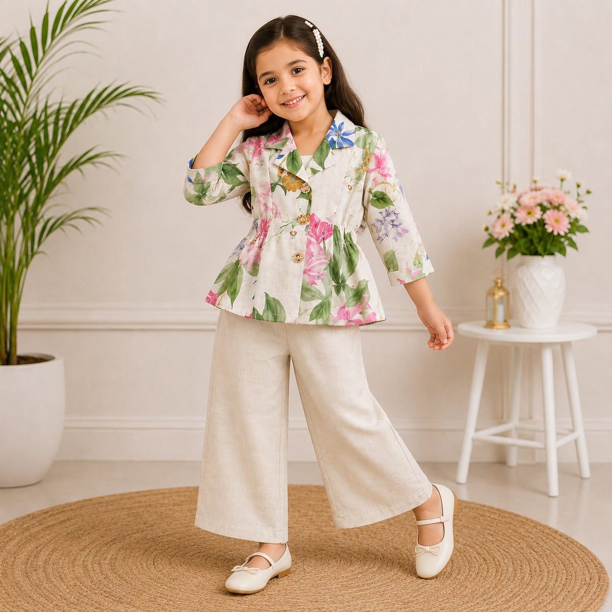 Smile Baby girls cream floral printed top with wide leg pants front view