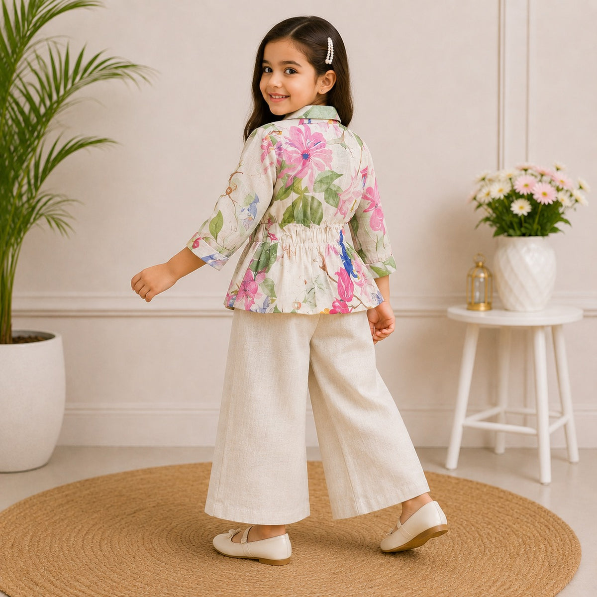 Smile Baby girls cream floral top and wide leg pants set back view with gathered waist