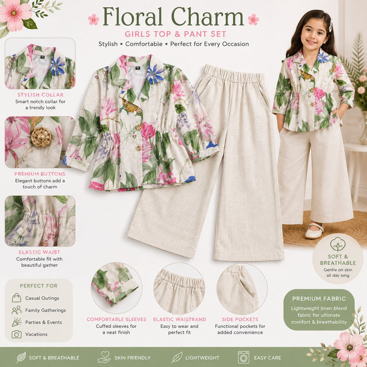 Smile Baby girls cream floral top and wide leg pant set with notch collar and elegant buttons