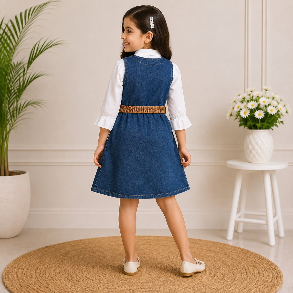 Smile Baby girls dark denim dress set back view with white shirt and woven waist belt