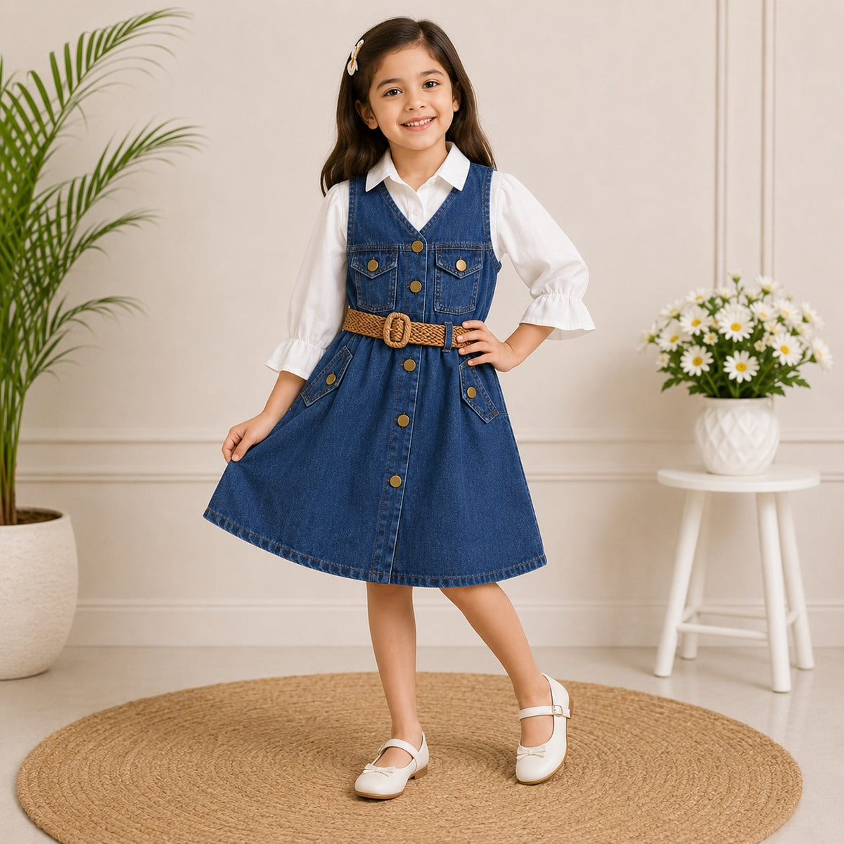 Smile Baby girls dark denim pinafore dress with white ruffle sleeve shirt and belt front view