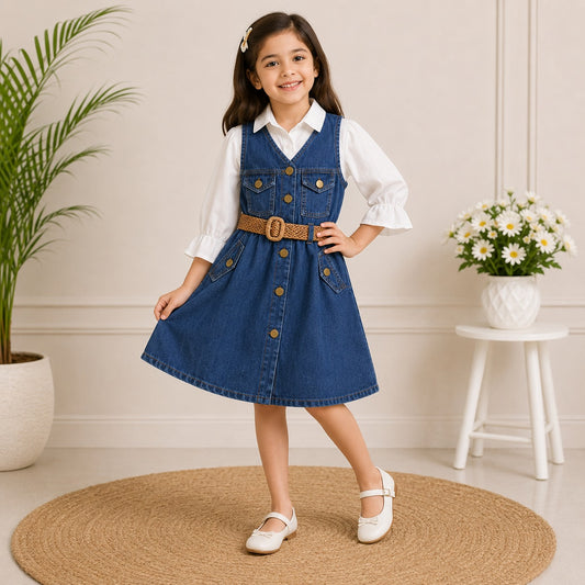 Smile Baby girls dark denim pinafore dress with white ruffle sleeve shirt and belt front view