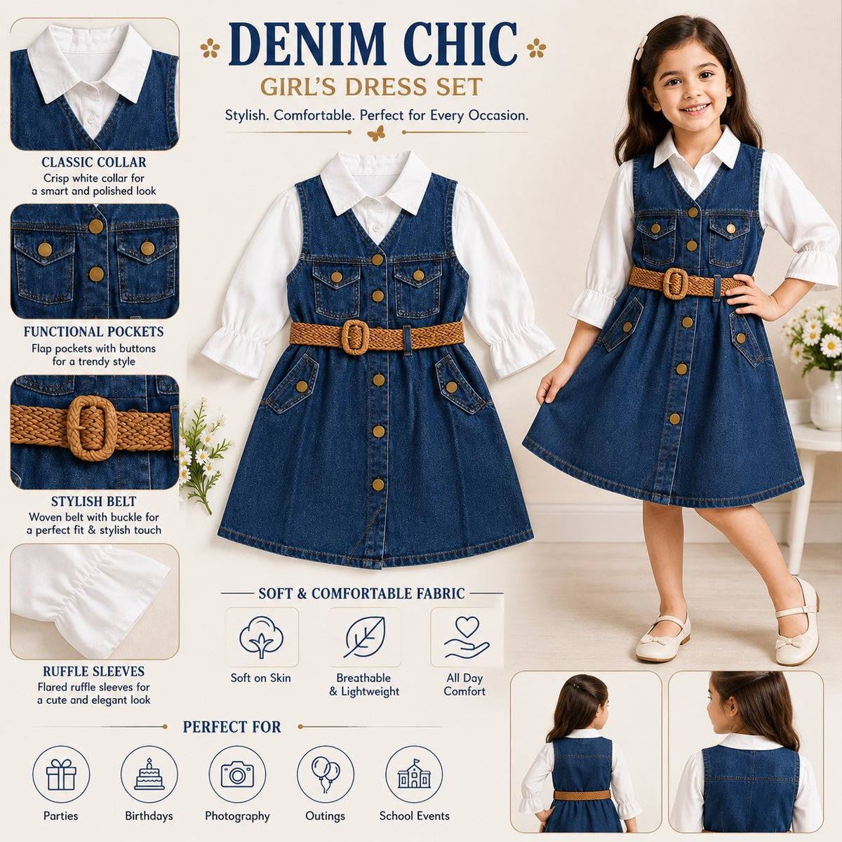 Smile Baby girls dark denim dress set with white collared shirt belt pockets and ruffle sleeves