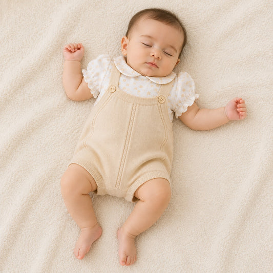 Toffy House baby girls off white floral top with Peter Pan collar and comfortable suspender romper front view