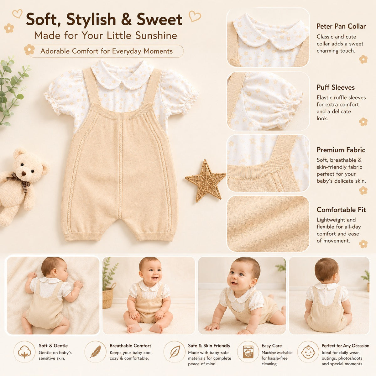 Toffy House baby girls off white floral romper set with Peter Pan collar puff sleeves and suspender design