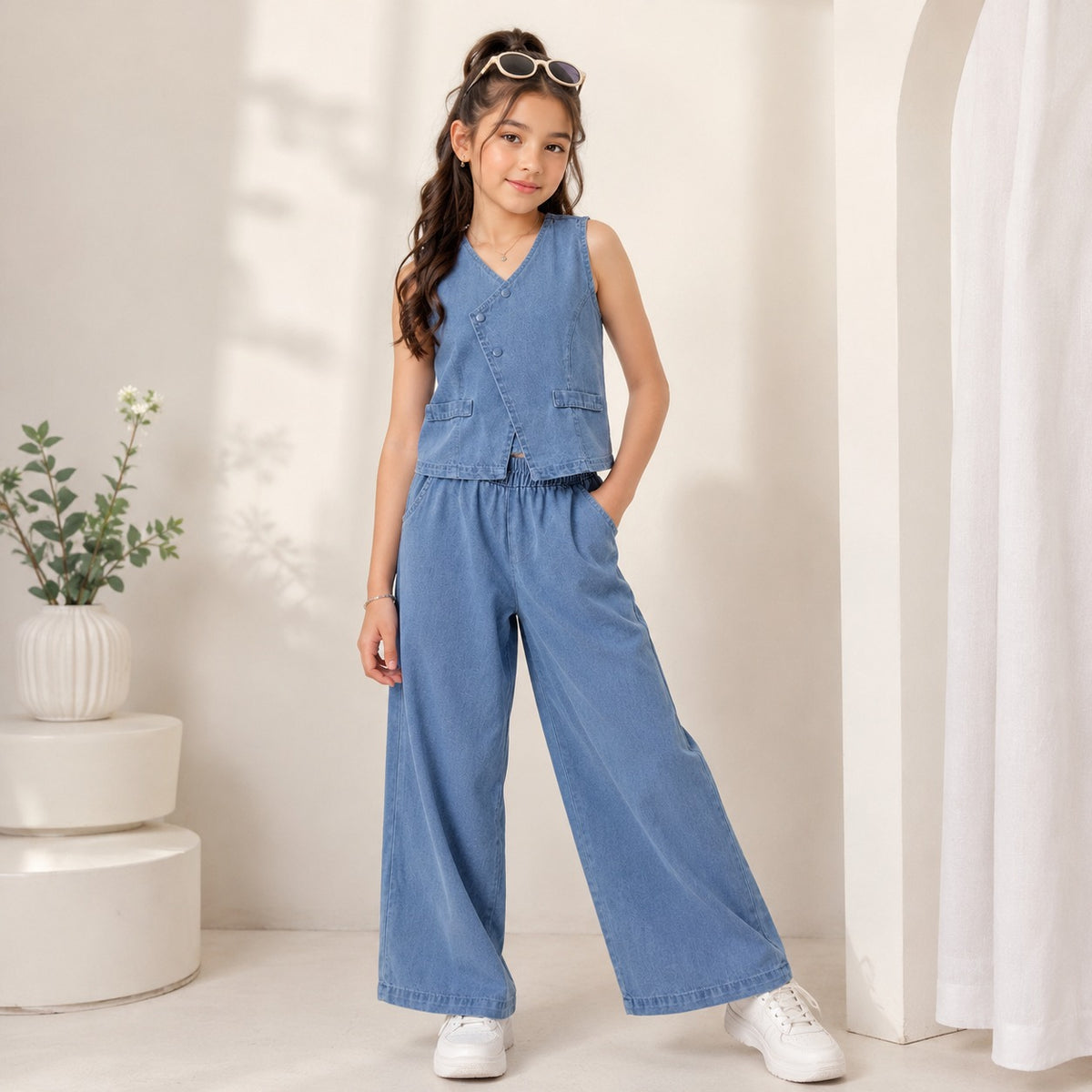Smile Baby girls light denim co ord set with sleeveless V neck top and wide leg pants