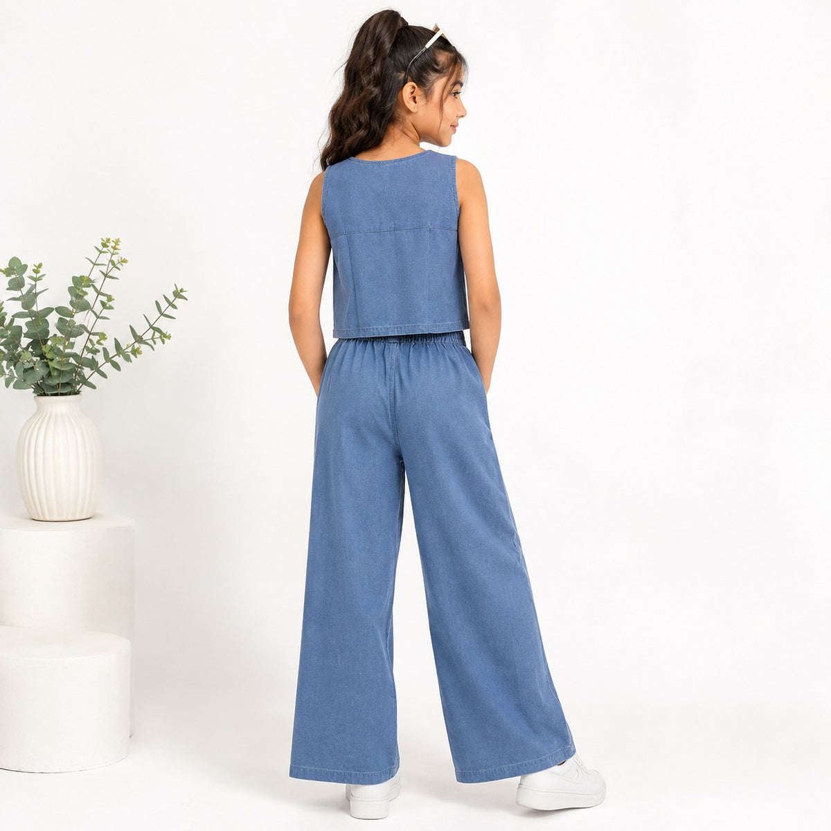 Smile Baby girls light denim co ord outfit back view with sleeveless top and wide leg denim pants