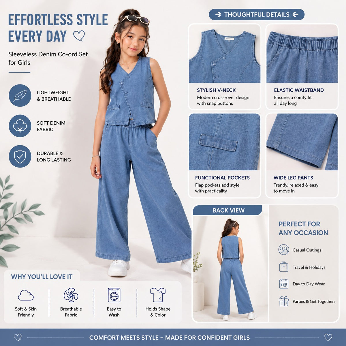 Smile Baby girls light denim sleeveless co ord set with snap buttons elastic waistband and wide leg pants