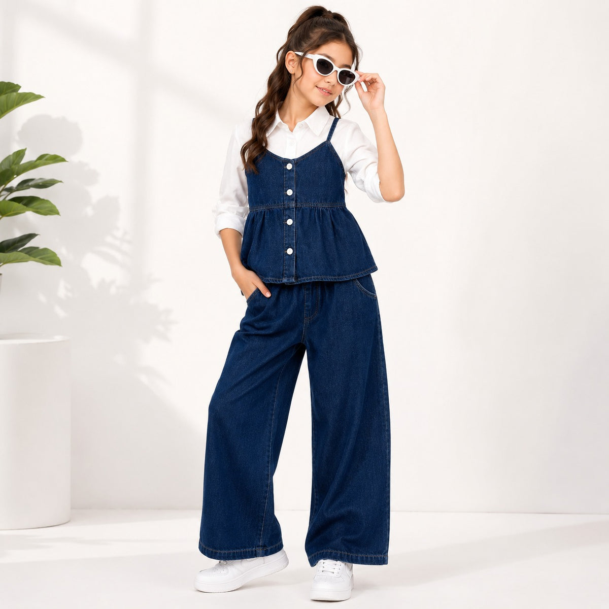 Smile Baby girls dark denim peplum top with white collared shirt and wide leg pants front view