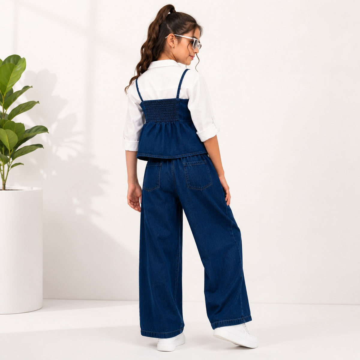 Smile Baby girls dark denim 3 piece outfit back view with peplum top and wide leg jeans
