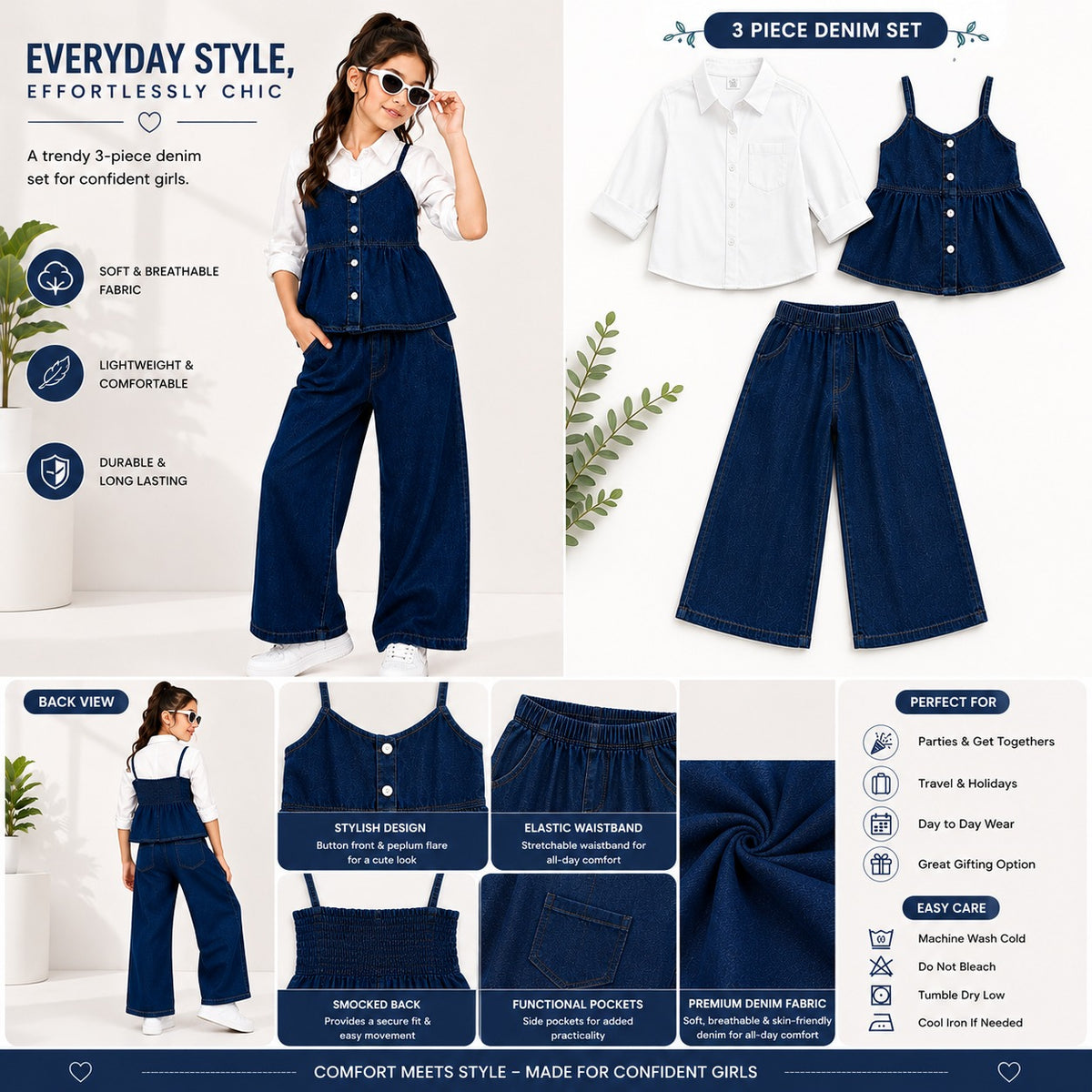 Smile Baby girls dark denim 3 piece set with white shirt peplum top and wide leg pants