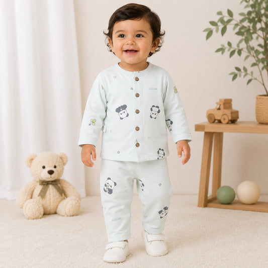 NUM NUM boys green panda print pajama set front view with full-sleeve button-front top and matching full-length pants
