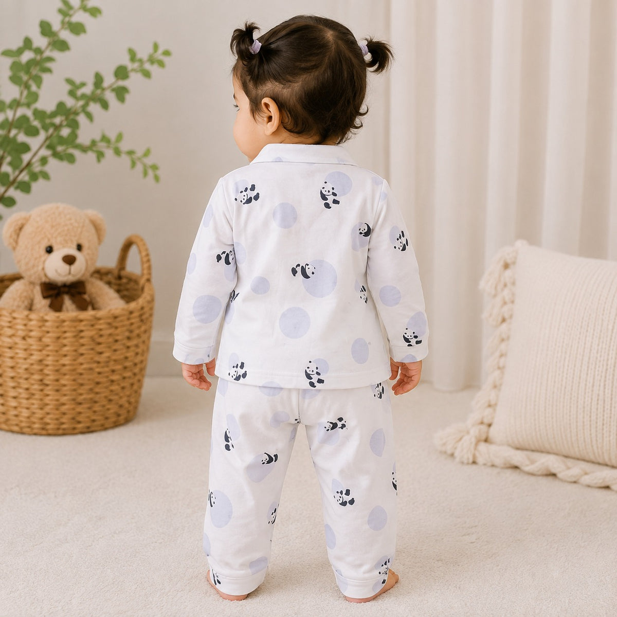 NUM NUM Girls Cream Panda Printed Night Suit Set | Baby Pajama Set 9M–3Y 