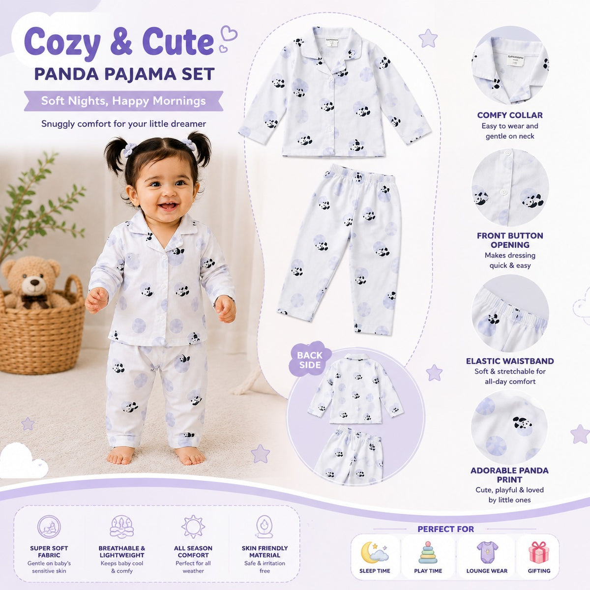 NUM NUM Girls Cream Panda Printed Night Suit Set | Baby Pajama Set 9M–3Y 