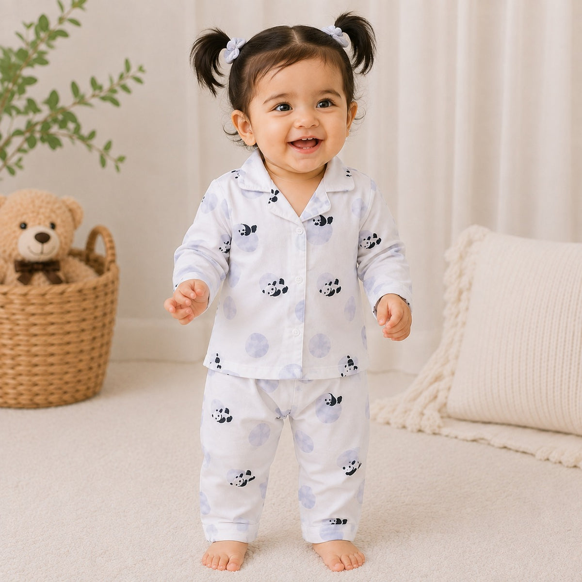 NUM NUM Girls Cream Panda Printed Night Suit Set | Baby Pajama Set 9M–3Y 