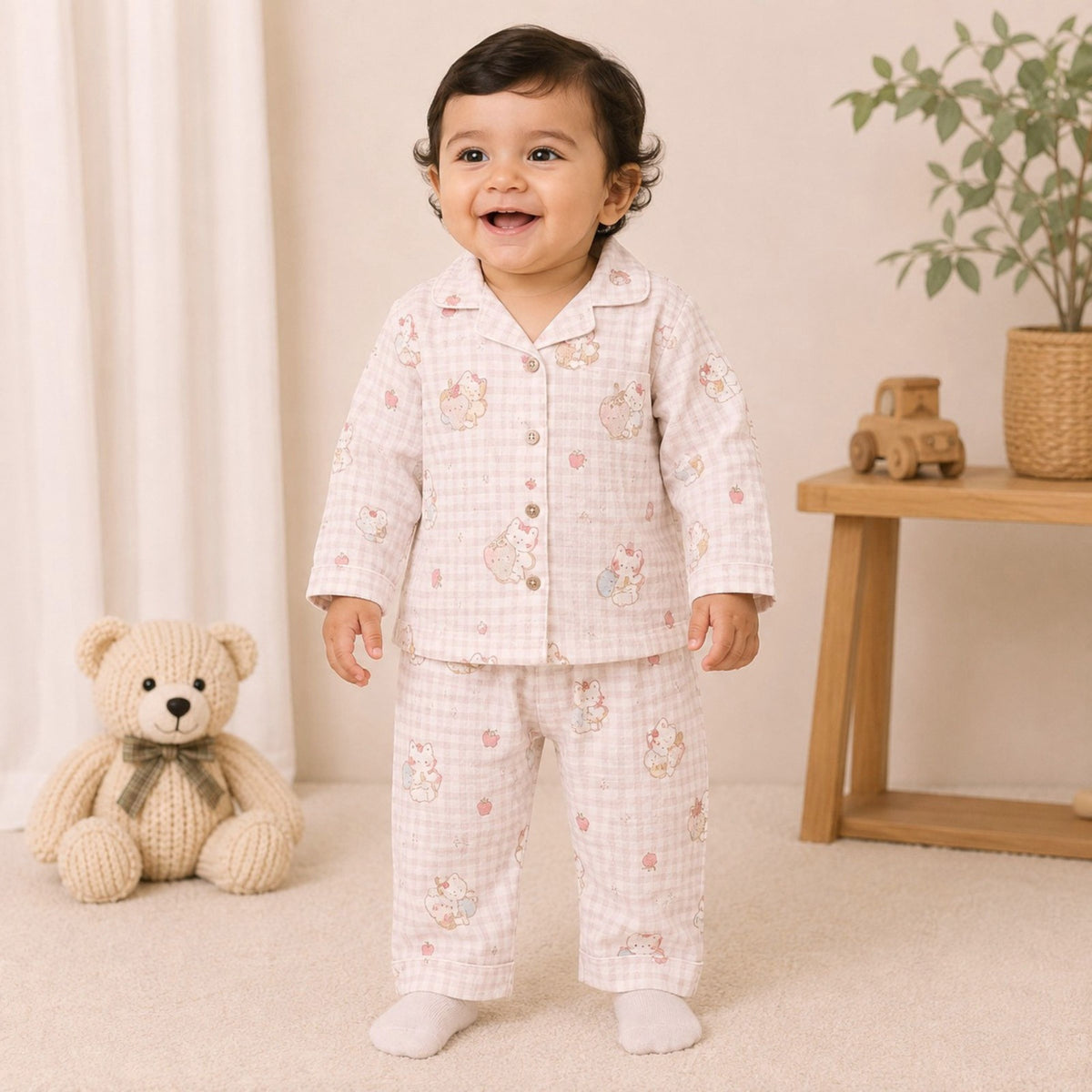 NUM NUM girls pink cat print night suit front view with button top and matching pajama, 9 months to 2 years