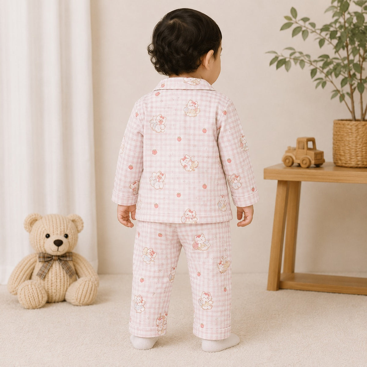 NUM NUM girls pink printed night suit back view with cat and strawberry pattern, 9 months to 2 years