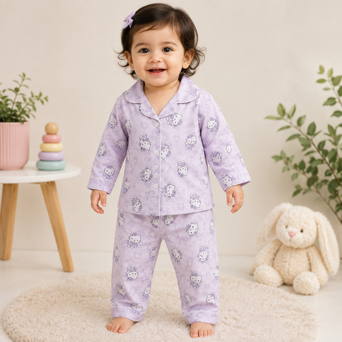 NUM NUM girls purple printed pajama set front view with character print, collared button-front top and matching full-length pants