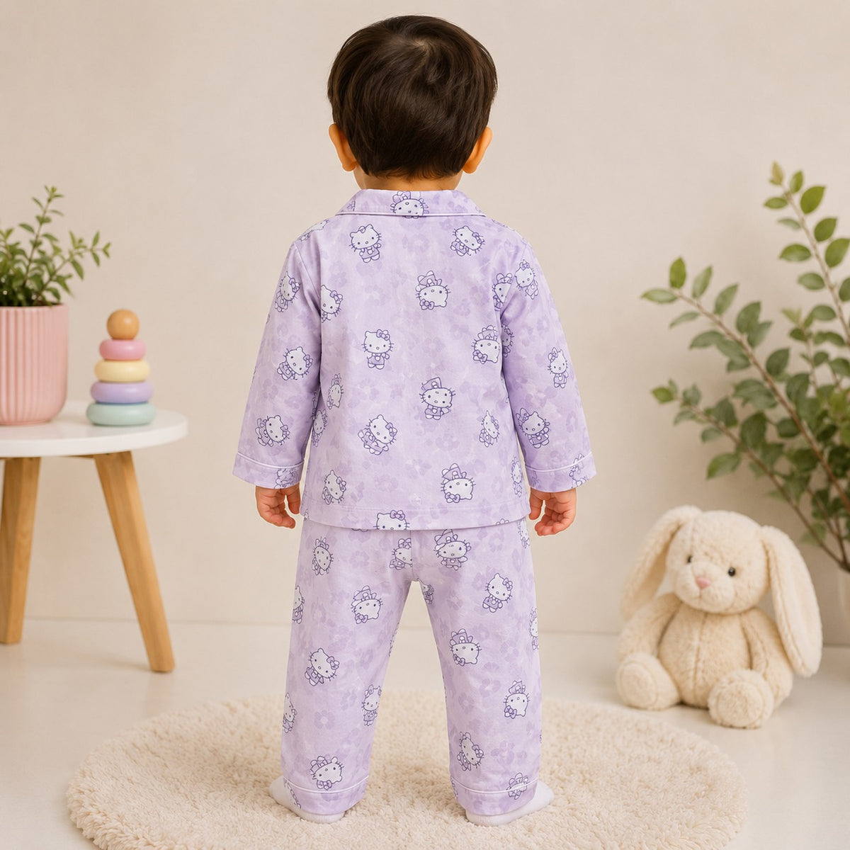 NUM NUM girls purple character print pajama set back view with full-sleeve top and matching full-length pants