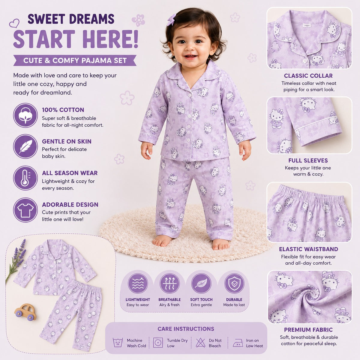 NUM NUM girls purple character printed pajama set A+ infographic featuring classic collar, full sleeves, elastic waistband, soft fabric and matching pants for ages 9 months to 2 years