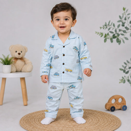 NUM NUM boys blue car printed pajama set front view with collared button-front top and matching full-length pants