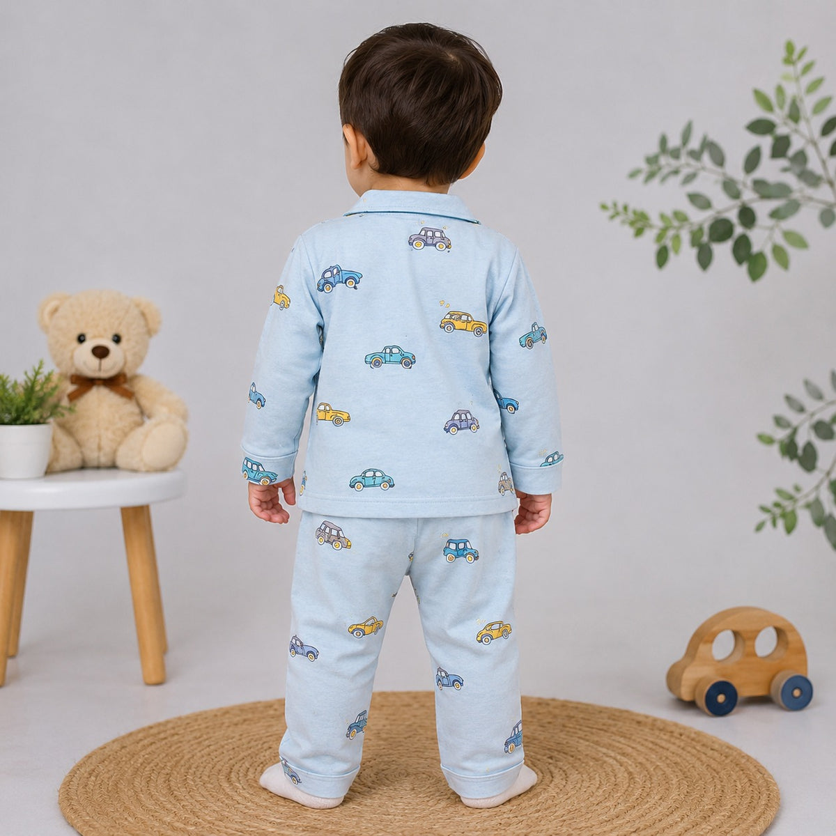 NUM NUM boys blue car printed night suit back view with full-sleeve top and matching full-length pajama pants