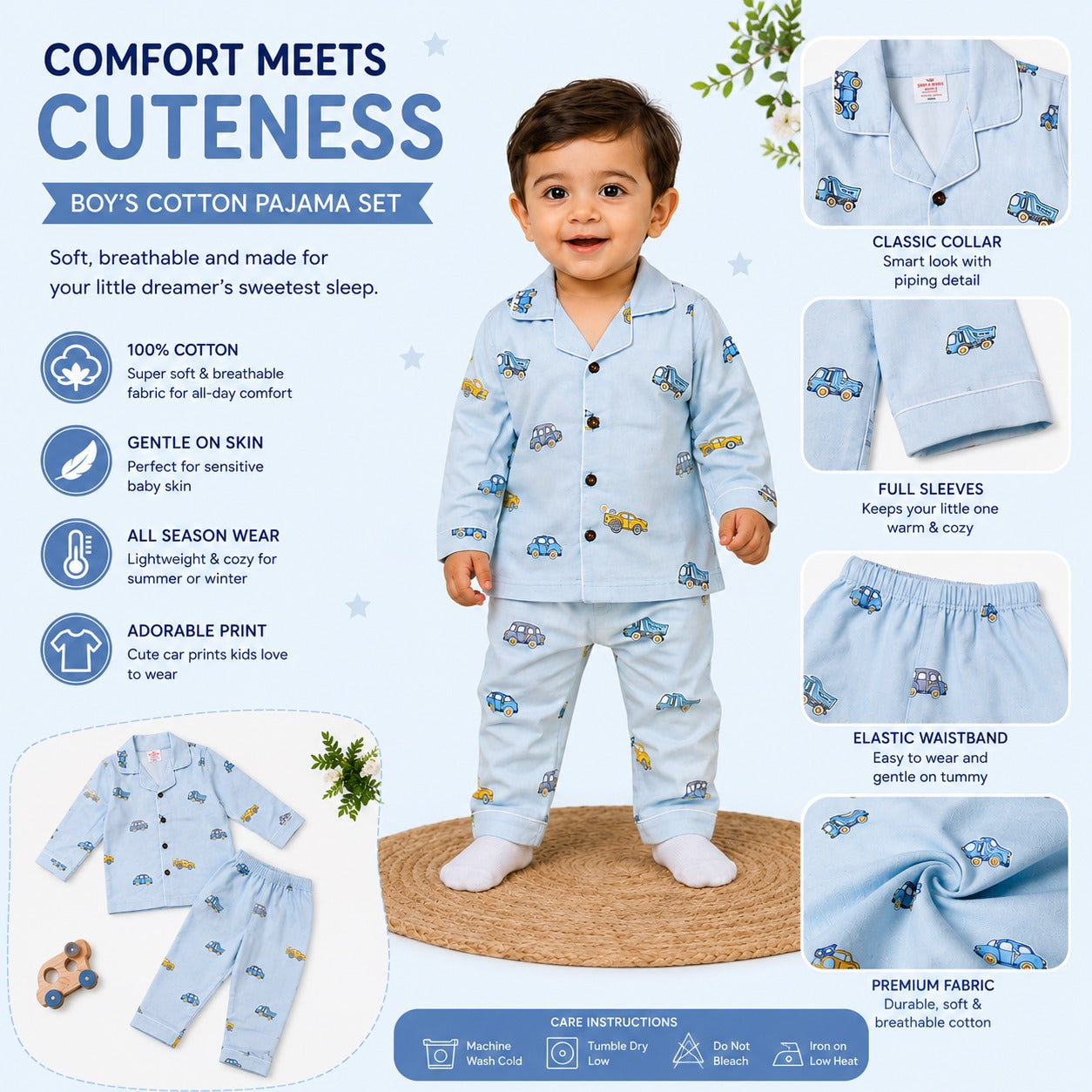 NUM NUM boys blue car printed pajama set A+ infographic featuring cotton fabric, classic collar, full sleeves, elastic waistband and colorful vehicle prints