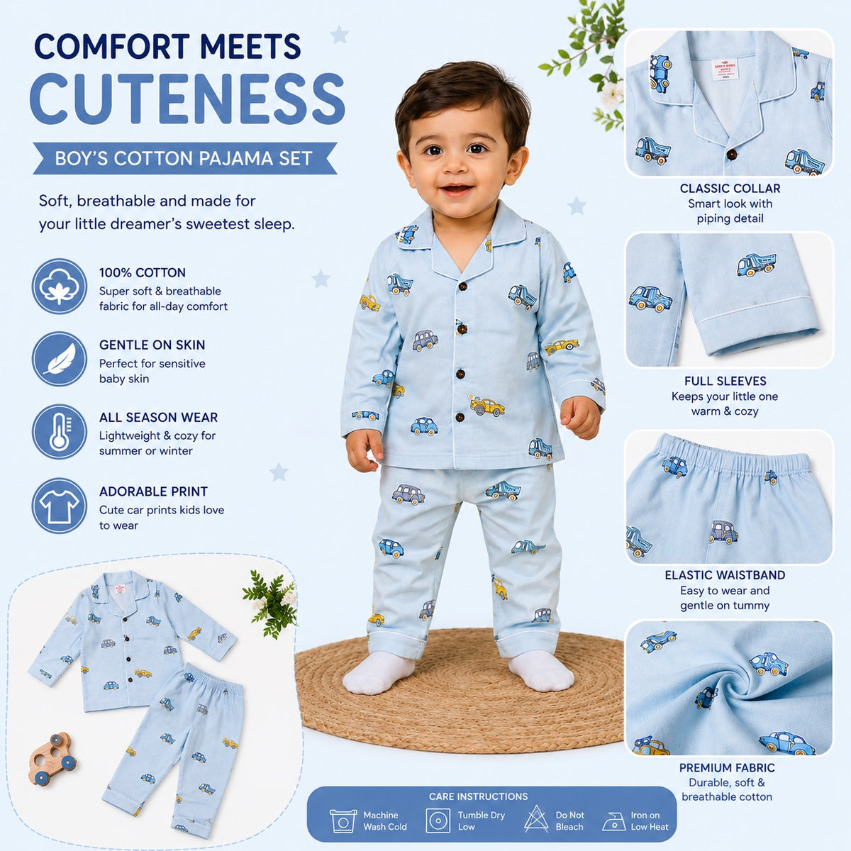 NUM NUM boys blue car printed pajama set A+ infographic featuring cotton fabric, classic collar, full sleeves, elastic waistband and colorful vehicle prints