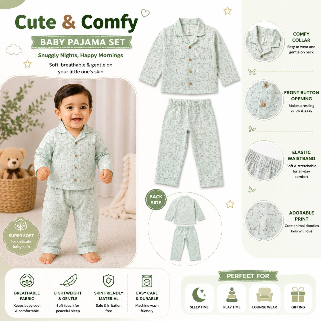 NUM NUM boys green animal doodle pajama set product infographic showing shirt, pants, soft fabric and comfortable design