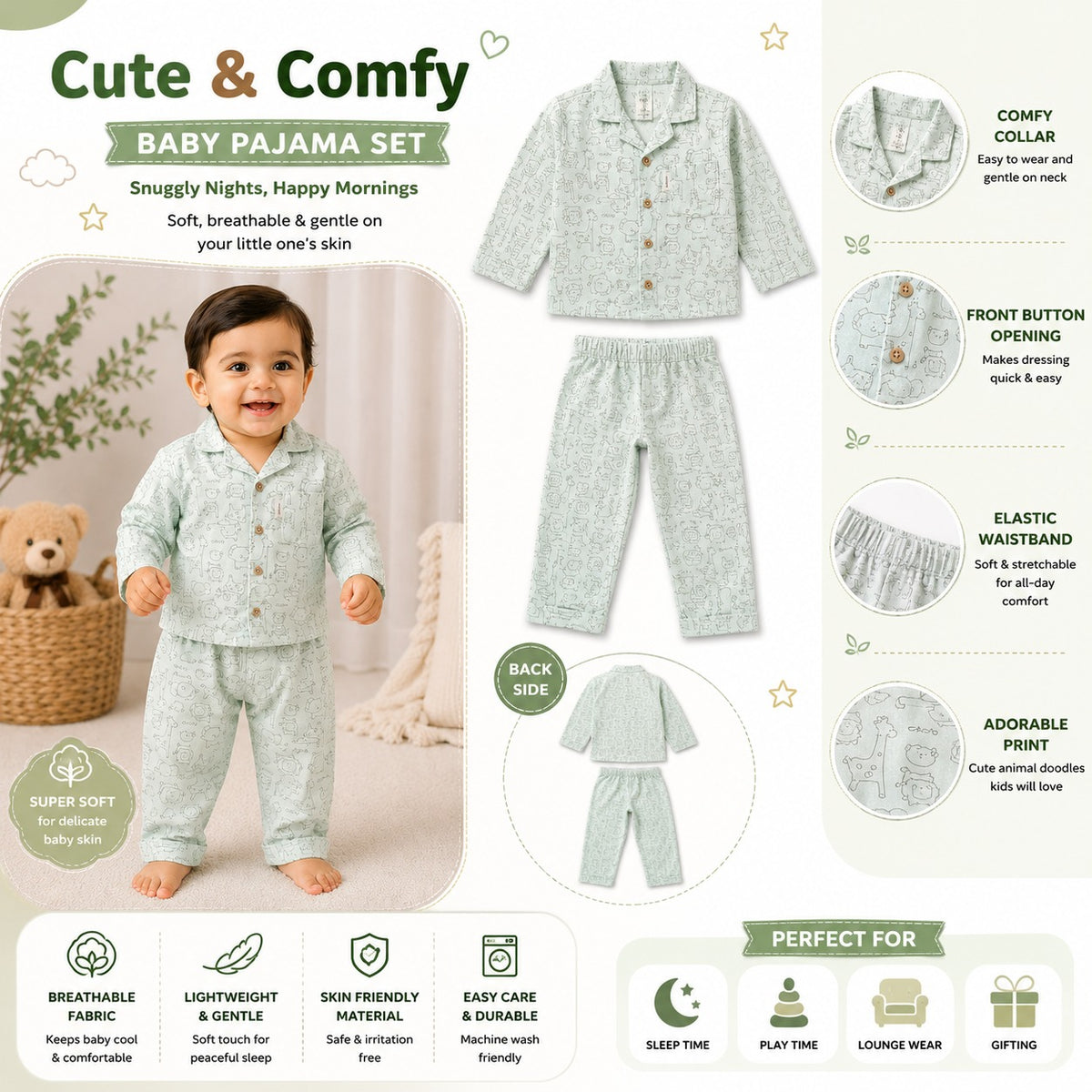 NUM NUM boys green animal doodle pajama set product infographic showing shirt, pants, soft fabric and comfortable design