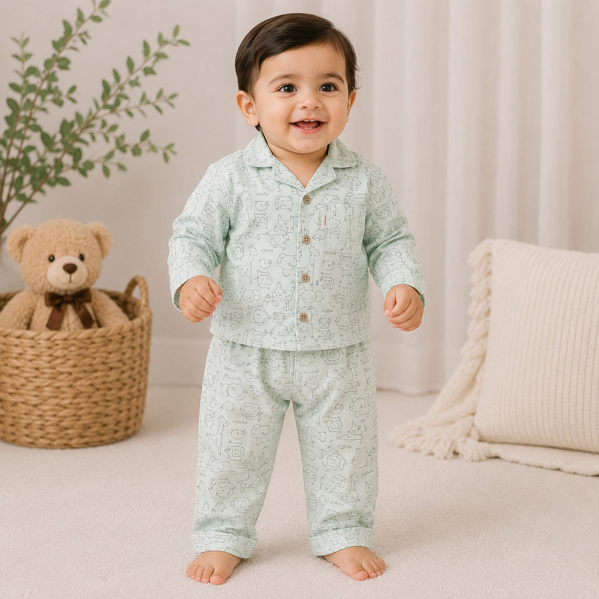 NUM NUM boys green animal doodle printed pajama set front view with collared button shirt and matching elastic-waist pants